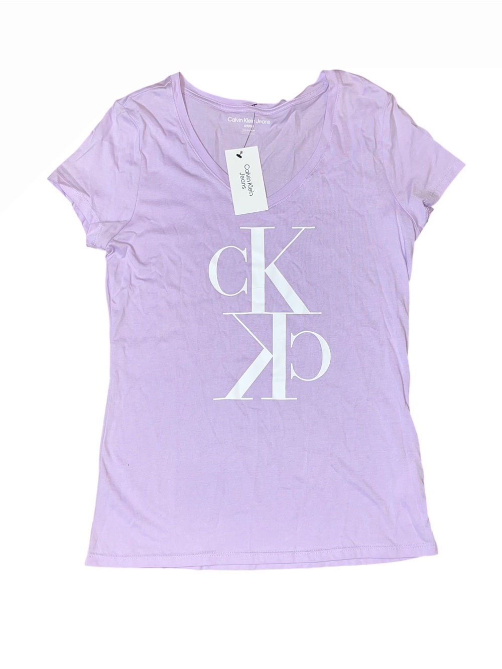 Calvin Klein CK Logo Purple White Short Sleeve V Neck Tee Shirt NWT Small